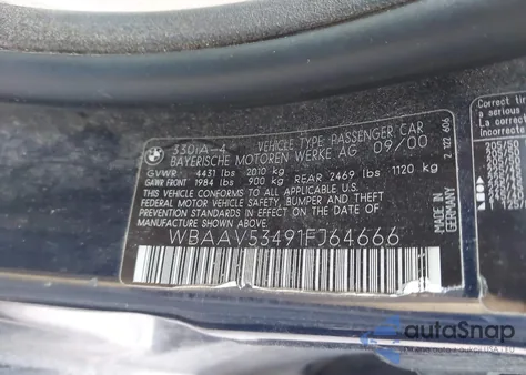 2001 BMW 330I z USA, uszkodzony, nr VIN WBAAV53491FJ64666